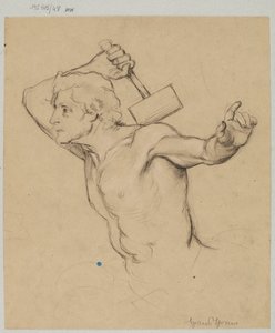 Estudio de un hombre desnudo, representado hasta la cintura, levantando un martillo de Hans Thoma