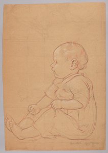 Estudio de un niño sentado, verso: un anciano sentado sobre una piedra de Hans Thoma