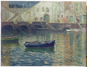 Puerto a la luz de la luna, c.1900 de Hans Volcker