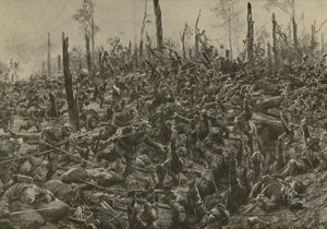 Ataque alemán a los blocaos y trincheras francesas en el Bois-le-Pretre tras el bombardeo de artillería del 5 de julio de 1915 (litografía)