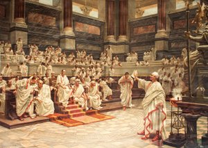 Cicerón en el Senado acusó a Catilina (108-62 a.C.) de prestidigitación, 21 de octubre de 63 a.C. - cromolitografía de Hans W. Schmidt