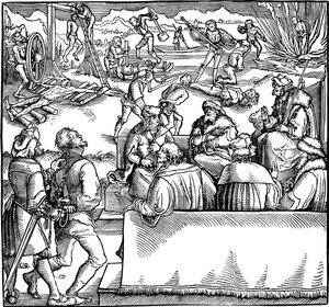 Sesión de la corte. Ilustración del libro Phisicke Against Fortune de Petrarca, 1532 de Hans Weiditz the Younger