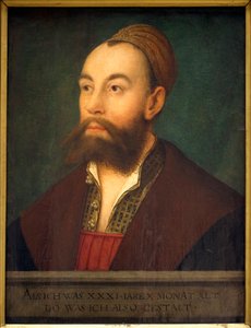 Retrato del banquero Anton Fugger (1493-1560) (en el texto: representado como era a la edad de 31 años y 10 meses) - Pintura de Hans Maler llamado de Schwaz (1480-1526 o 1529), óleo sobre lienzo, circa 1525 - Arte alemán del siglo XVI - Museo de Bellas Art de Hans or Johan Maler