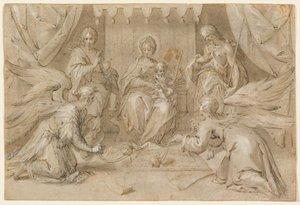 La Madonna Entonizada con San Juan Bautista y San Juan Evangelista de Hans von Aachen