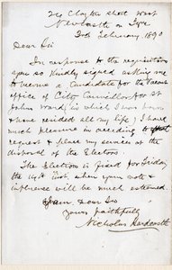 Carta de Nicholas Hardcastle aceptando la invitación para ser concejal de la ciudad para el distrito de St John