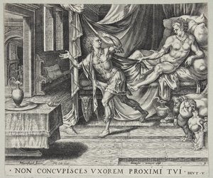 José huyendo de la esposa de Potifar de Harmen Jansz. Muller