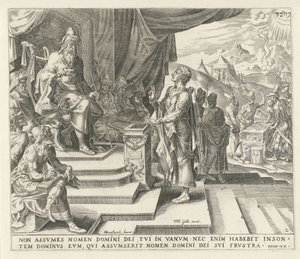 En la corte un hombre jura por Dios No tomarás el nombre de Jehová tu Dios en vano Los Diez Mandamientos (título de la serie) de Harmen Jansz Muller