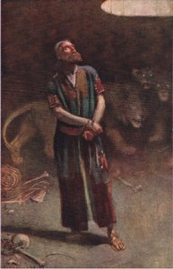 Daniel en el foso de los leones, ilustración de Pictures That Teach The Crown Series, 1920 de Harold Copping