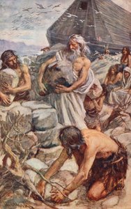 Antiguo Testamento: Noé construyendo su altar (litografía en color) de Harold Copping