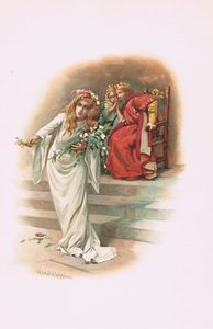 Ofelia con el rey y la reina, ilustración de Hamlet de Harold Copping