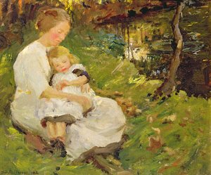Madre e hijo en un paisaje boscoso de Harold Harvey