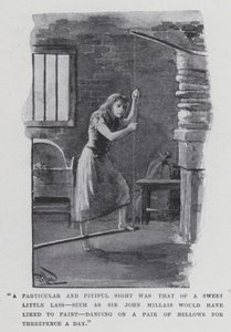 "Una vista particular y lamentable fue la de una dulce niña, como la que a Sir John Millais le hubiera gustado pintar, bailando sobre un par de fuelles por tres peniques al día" de Harold Hume Piffard