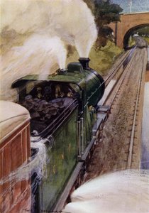 Locomotora de vapor en el Great Northern Railway tomando agua (litografia en color)
