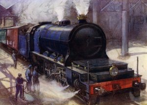 La Flamme Pacific, locomotora 2-10-0 que transportaba el servicio expreso de Bruselas a Ostende en los Ferrocarriles Estatales Belgas, la locomotora más potente de Europa en su época (litografia en color)