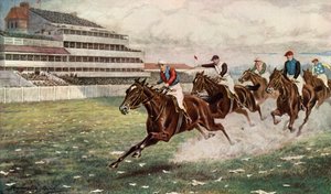 Isinglass ganando el Derby (litografía en color) de Harrington Bird