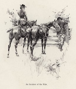 Jinetes de caballos haciendo una pausa para abrir una puerta de Harrison Fisher