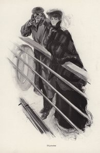 Hombre y mujer mirando por la barandilla de un barco de Harrison Fisher