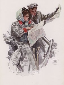 Hombre y mujer leyendo un mapa en un coche de Harrison Fisher