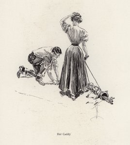 Hombre haciendo de caddie para una mujer en el campo de golf de Harrison Fisher
