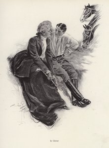 Pareja romántica tomando un descanso durante un paseo a caballo de Harrison Fisher