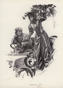 Mujer recogiendo manzanas desde un coche de Harrison Fisher