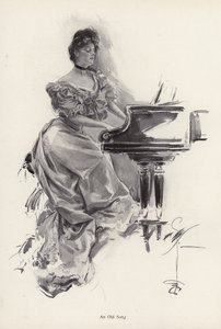 Mujer tocando una canción en un piano de Harrison Fisher