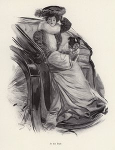 Mujer sentada en un carruaje con su perro de Harrison Fisher