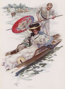 Joven americana disfrutando de un paseo en bote en un río inglés de Harrison Fisher