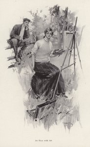 Joven artista pintando en el campo mientras un joven la observa de Harrison Fisher