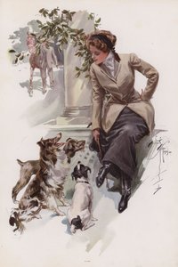 Joven mujer en su traje de montar sentada con sus perros de Harrison Fisher