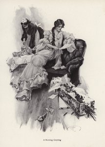 Joven mujer recibiendo un ramo de flores y una carta de un admirador de Harrison Fisher