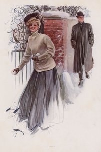 Joven esperando para lanzar bolas de nieve a un hombre de Harrison Fisher