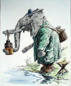 El elefante va a pescar (pluma, tinta, acuarela y carboncillo sobre papel) de Harry Rountree