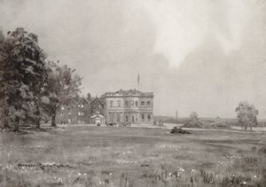 Campos de golf: Trafford Park, la casa club desde el tee del dieciocho (litografía) de Harry (1878 1950) Rountree