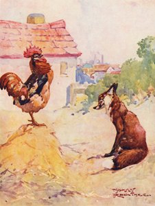 El zorro y el gallo (litografía en color)