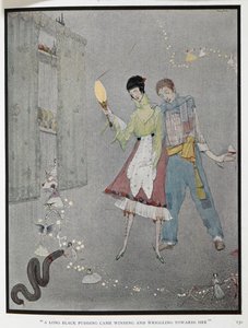 "Una larga morcilla vino serpenteando y retorciéndose hacia ella". Una ilustración para el cuento "Los deseos ridículos". Harry, un leñador, y su mujer, Fanny, acaban de pedir un deseo por error. de Harry Clarke