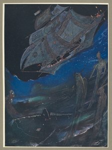 Ilustración de un barco en el mar con peces debajo. de Harry Clarke