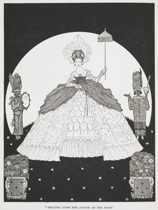 "Otro vestido del color de la luna". Una ilustración para el cuento "Piel de asno". Una bella princesa con una sombrilla en la mano y dos criados a su lado. de Harry Clarke