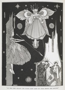 "En ese preciso instante, la joven hada salió de detrás de las colgaduras". Ilustración para el cuento "La Bella Durmiente en el bosque".