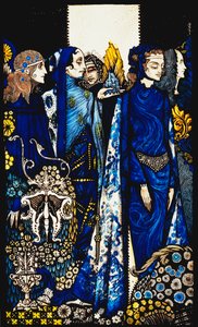Etain, Helen, Maeve y Fand, La mano tierna de Deirdre dorada. Reinas, nueve paneles de vidrio grabados, teñidos y pintados, ilustrando el poema de J.M. Synge