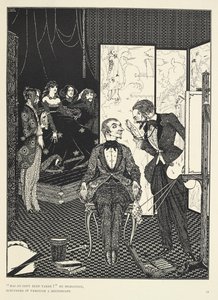 "¿No se ha sacado ninguna copia?", preguntó, examinándolo con un microscopio. Ilustración del cuento "El diablo en el campanario". de Harry Clarke