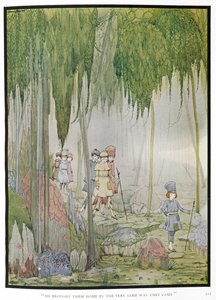 "Los trajo a casa por el mismo camino por el que vinieron". Ilustración para el cuento "Pulgarcito". Niños en un bosque. de Harry Clarke