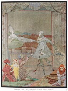 "Vio, sobre una cama, el mejor espectáculo que jamás se haya contemplado". El Príncipe viendo a la Princesa, "La Bella Durmiente", sobre su cama. de Harry Clarke