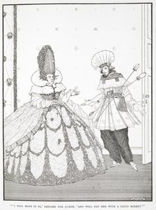 "Así lo haré", respondió la Reina, "y me la comeré con un Sauce Robert".
Ilustración del cuento "La bella durmiente del bosque". de Harry Clarke