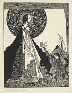 "Invocaría en voz alta su nombre". Ilustración de Ligeia, un relato corto.
"Ligeia" es un cuento de Edgar Allan Poe. La historia sigue a un narrador sin nombre y a su esposa Ligeia, una hermosa e inteligente mujer de pelo negro. Ella cae enferma, compone " de Harry Clarke