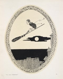 "Si tuviera un palo de escoba". Ilustración para un poema de Patrick R. Chalmers.
Un niño en una escoba de Harry Clarke