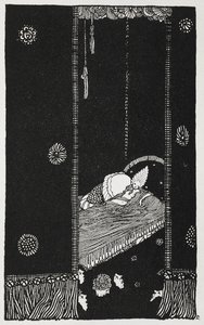 Ilustración para el cuento "La bella durmiente en el bosque". La Bella Durmiente en su cama. de Harry Clarke