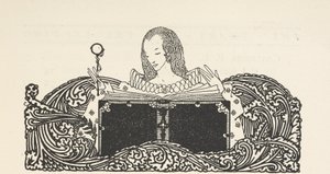 Ilustración, que muestra a una mujer leyendo un libro, en la parte superior de la página del índice. de Harry Clarke