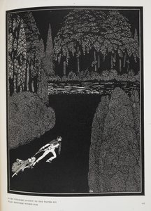 En su penoso viaje hasta el agua, sus temores se redoblan con él". Ilustración para el cuento "El misterio de Marie Roget". de Harry Clarke