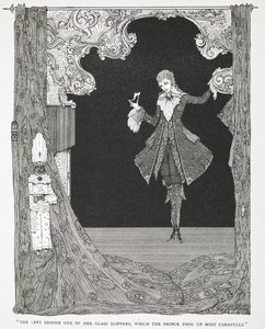 "Se dejó uno de sus zapatitos de cristal, que el Príncipe recogió con sumo cuidado". Ilustración del cuento Cenicienta o El zapatito de cristal. de Harry Clarke